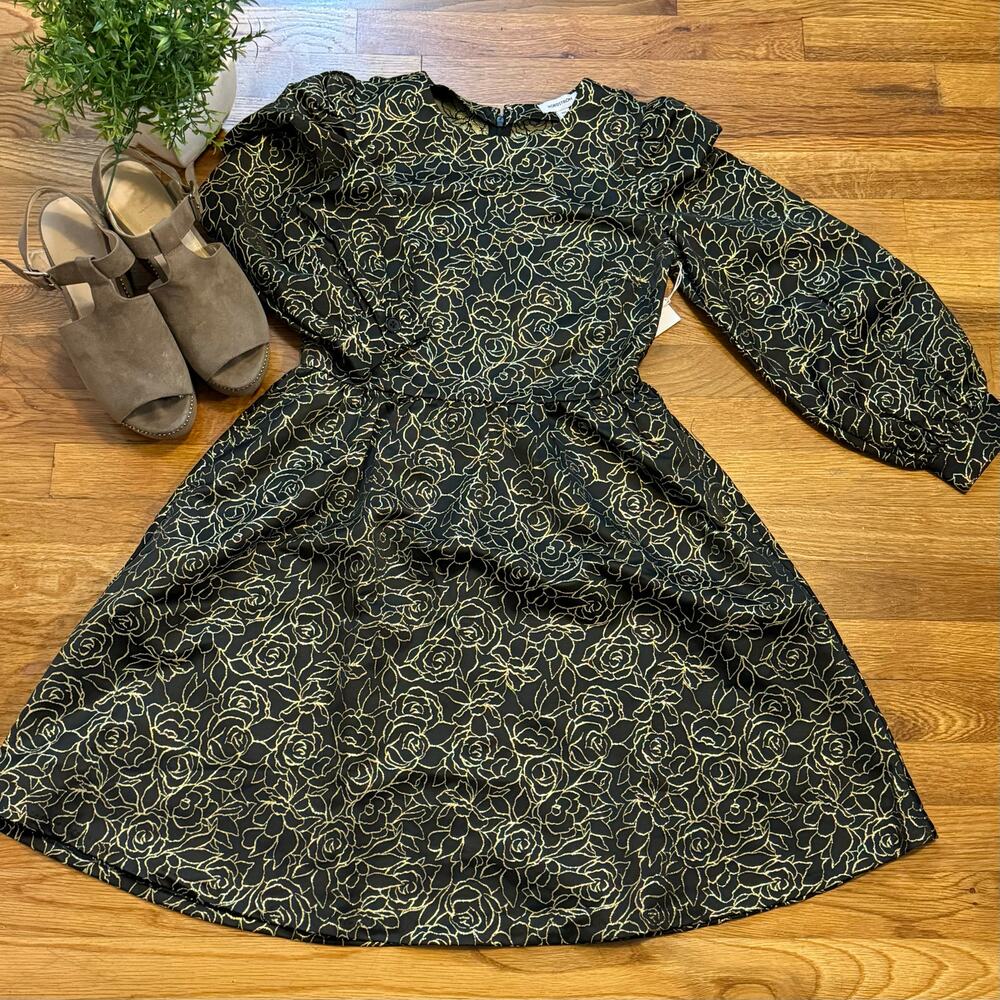 Nordstrom Womens XXS New Black Gold Metallic Rose Floral Puff Sleep Mini Dress